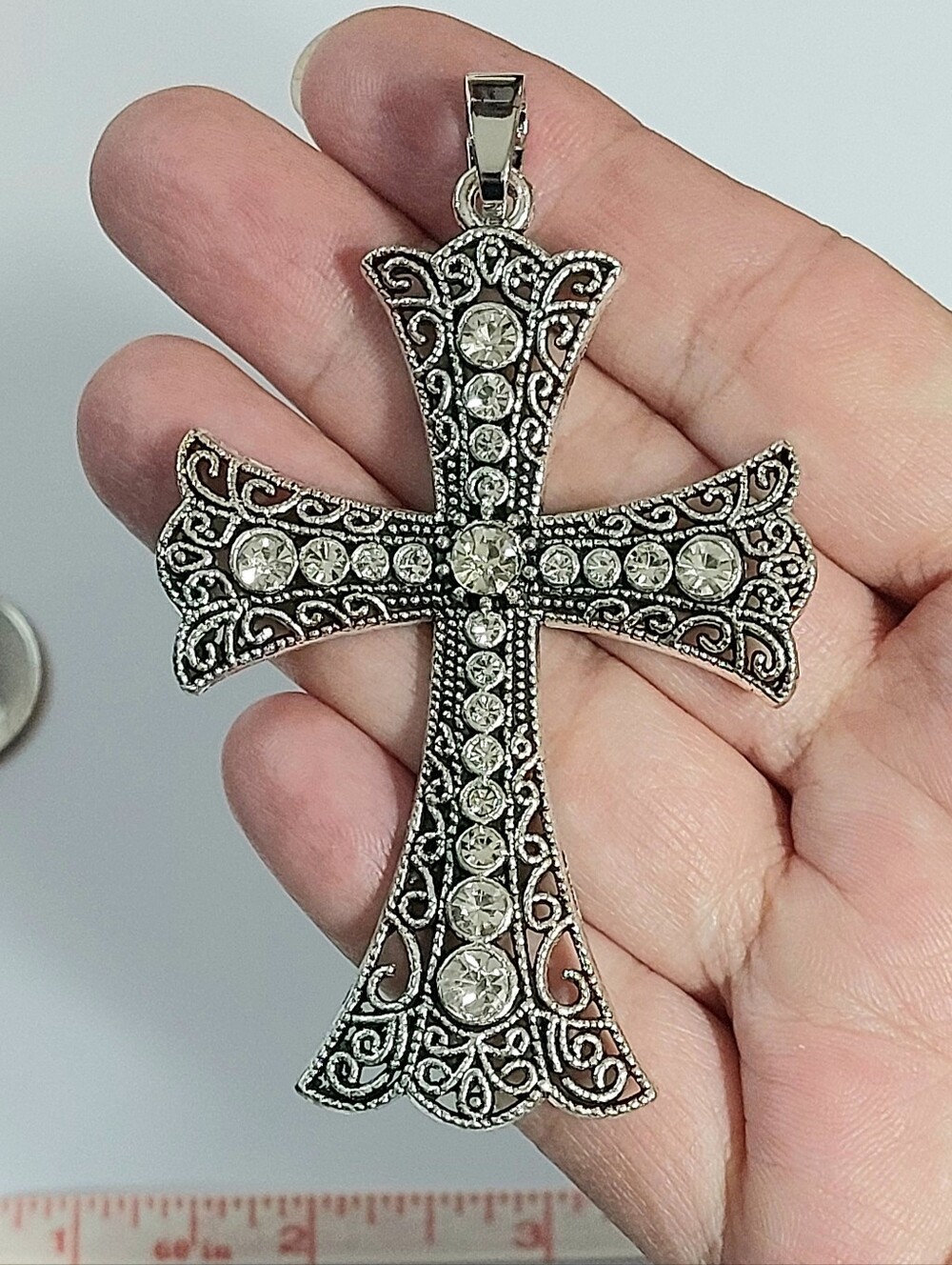 Rhinestone Filigree Cross Pendant - Silver Tone - Womens Mens Jewelry